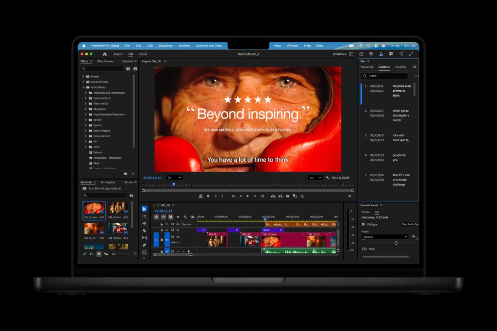 Premiere Pro 소프트웨어에서 편집 중인 MacBook Pro 14의 화면. 동영상 내용은 'Beyond inspiring'이라는 텍스트와 함께 인물의 이미지를 포함하고 있다.