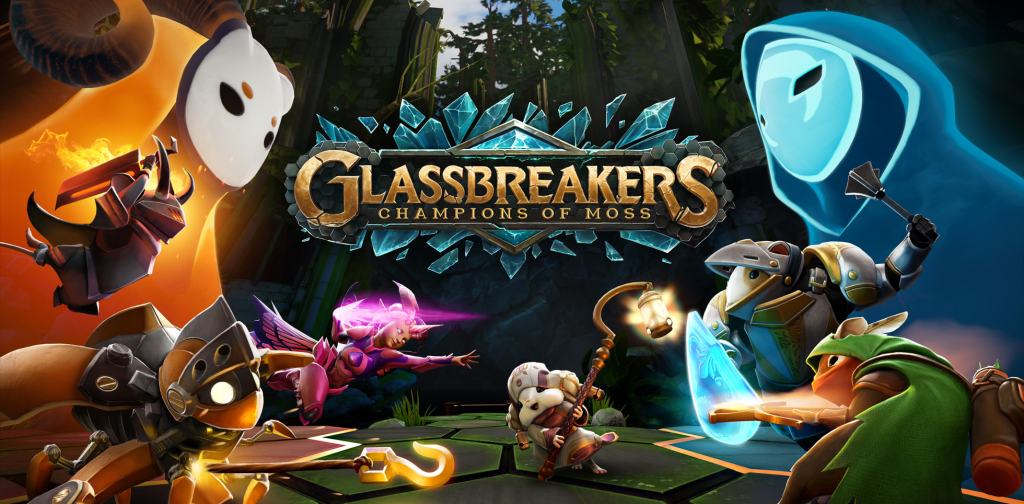 게임 'Glassbreakers: Champions of Moss'의 다양한 캐릭터들이 배경 속에서 전투를 준비하고 있는 모습