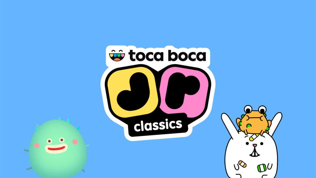 Toca Boca Jr Classics 로고와 여러 캐릭터들이 파란 배경 위에 배치된 이미지.