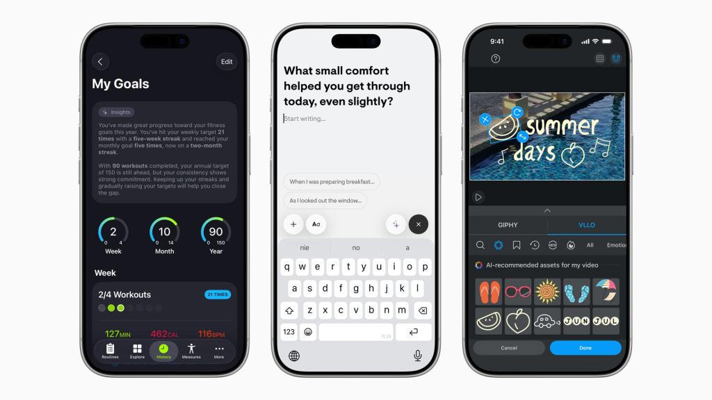 Apple의 파운데이션 모델 프레임워크, 새로운 지능형 앱 경험 제공 2 스마트폰 화면에 사용자 목표, 일기 작성 및 비디오 편집 기능을 보여주는 3개의 이미지가 나란히 배열되어 있습니다.