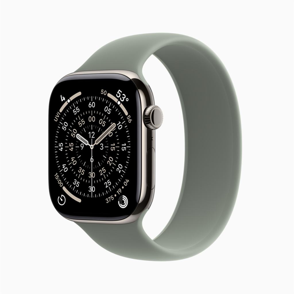 Apple Watch가 끼워진 연두색 밴드와 함께, 시계 화면에는 다양한 시계 기능과 디자인 요소가 표시되어 있습니다.
