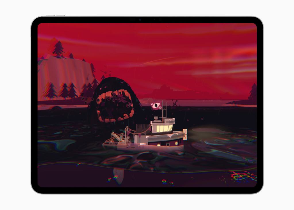A screenshot of the game DREDGE, featuring a fishing boat navigating dark waters with a large, ominous creature lurking nearby, all set against a dramatic red sky.
