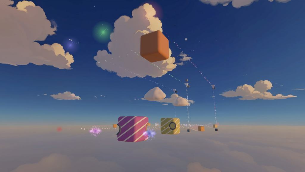 색색의 큐브가 공중에서 떠 있는 구름 배경의 가상 환경.