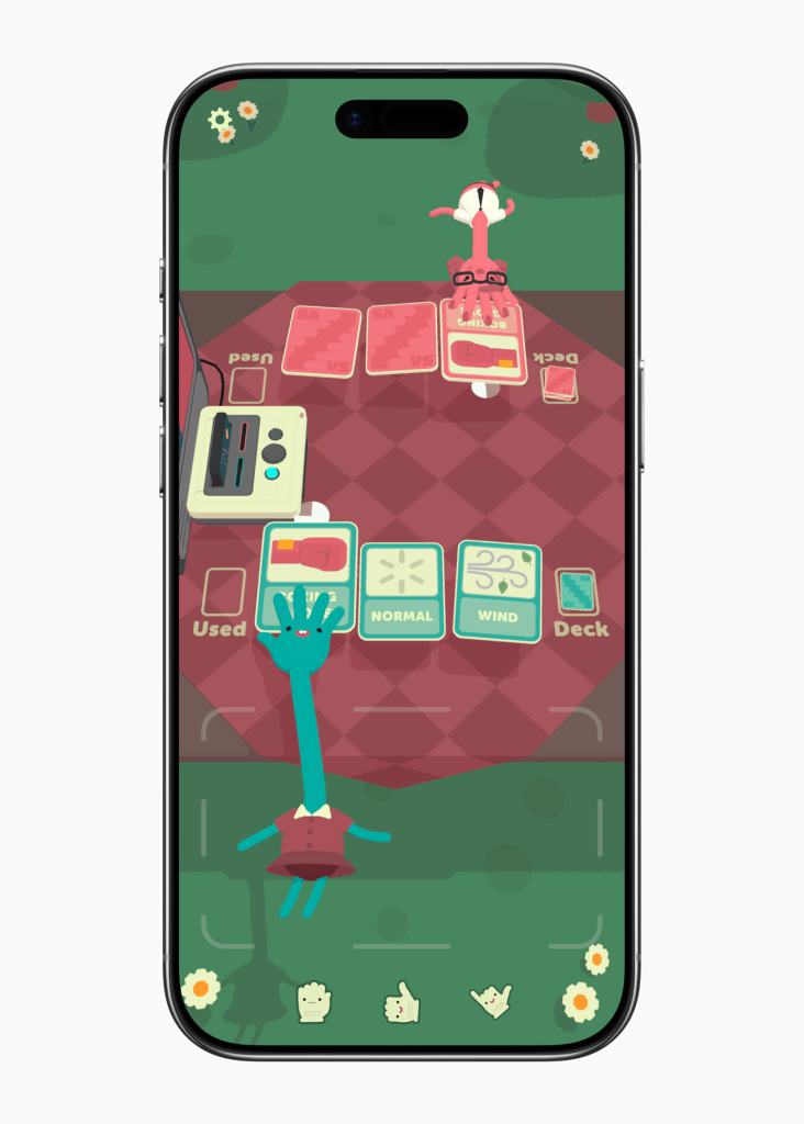 A screenshot of a mobile game featuring cartoonish characters playing a card game on a grassy surface, displaying used cards and a colorful interface.