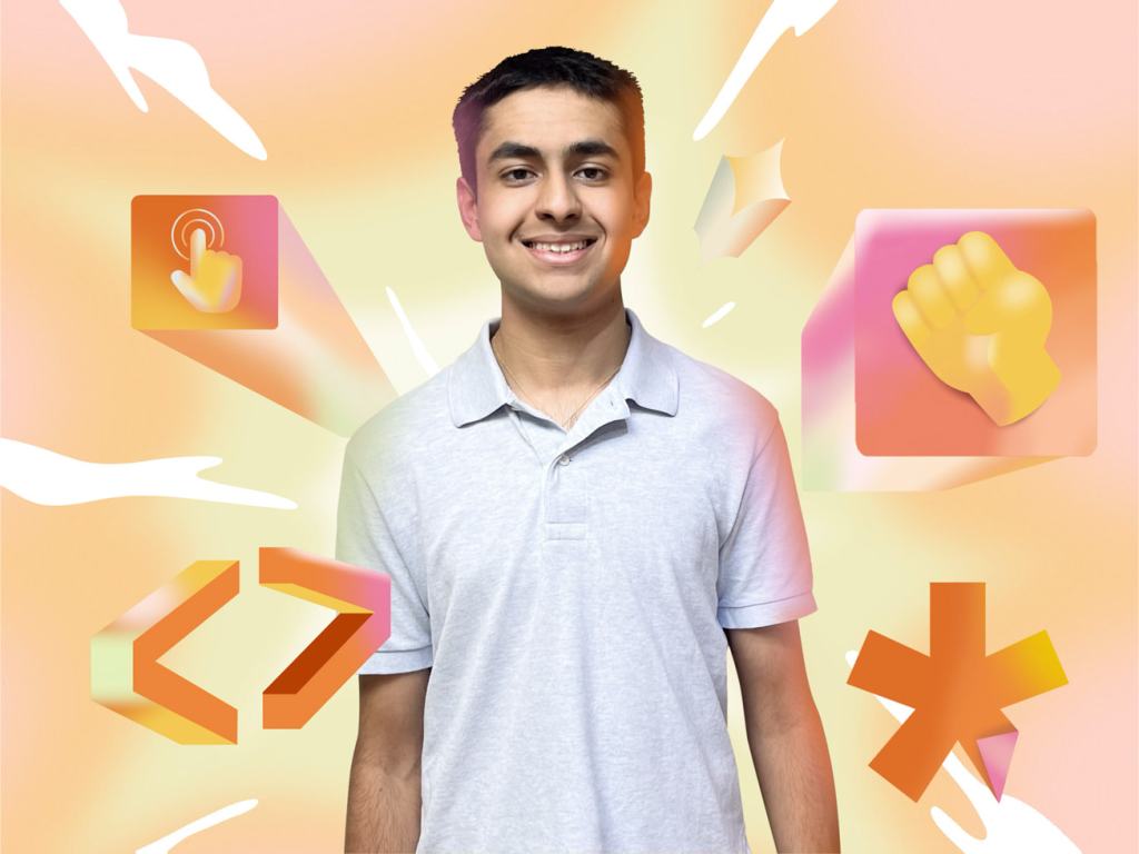 배경에 다양한 그래픽 요소와 함께 미소짓고 있는 청소년 남성의 사진