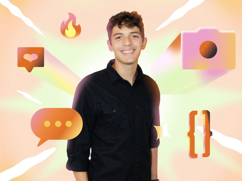 젊은 남성이 카메라를 바라보며 웃고 있는 모습. 배경에는 다양한 앱 아이콘과 그래픽 효과가 강조되어 있다.