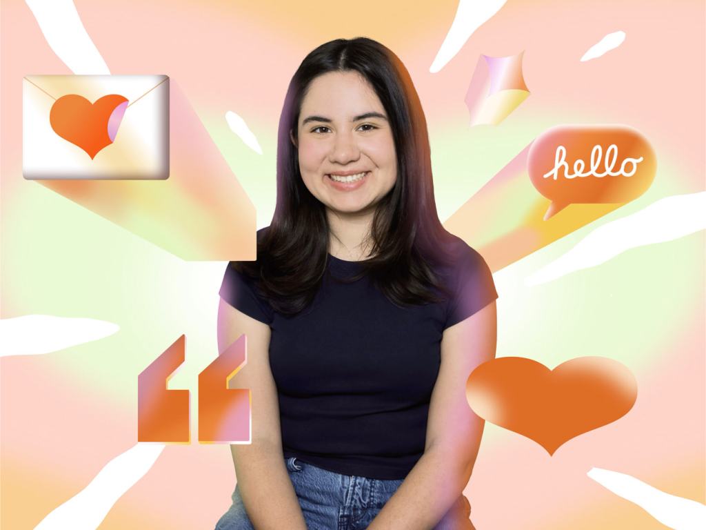 여러 가지 그래픽 요소로 둘러싸인 웃고 있는 젊은 여성의 초상 사진. 그녀는 단순한 티셔츠를 입고 있으며 배경은 따뜻한 색조로 구성되어 있다.