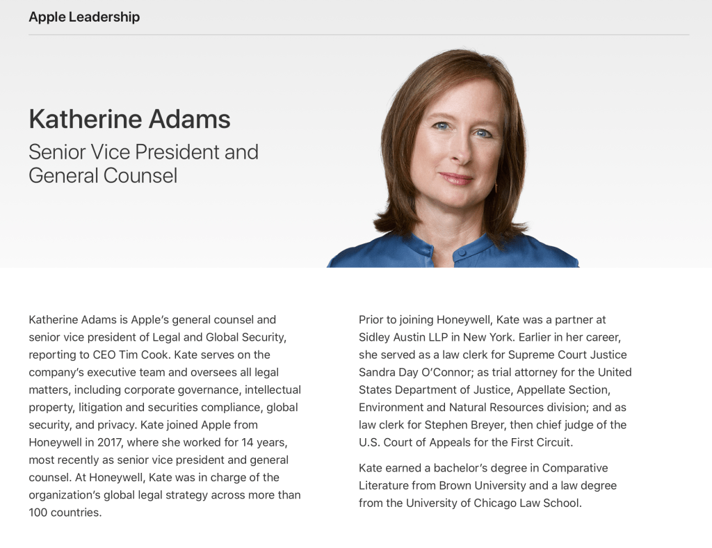 Katherine Adams, Senior Vice President and General Counsel at Apple, is shown in a professional portrait.