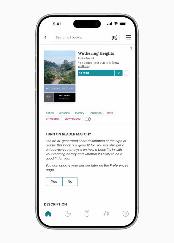 A mobile phone displaying the book 'Wuthering Heights' by Emily Brontë, including details such as the author's name, page count, publication year, and a prompt to turn on a feature for reader match analysis.