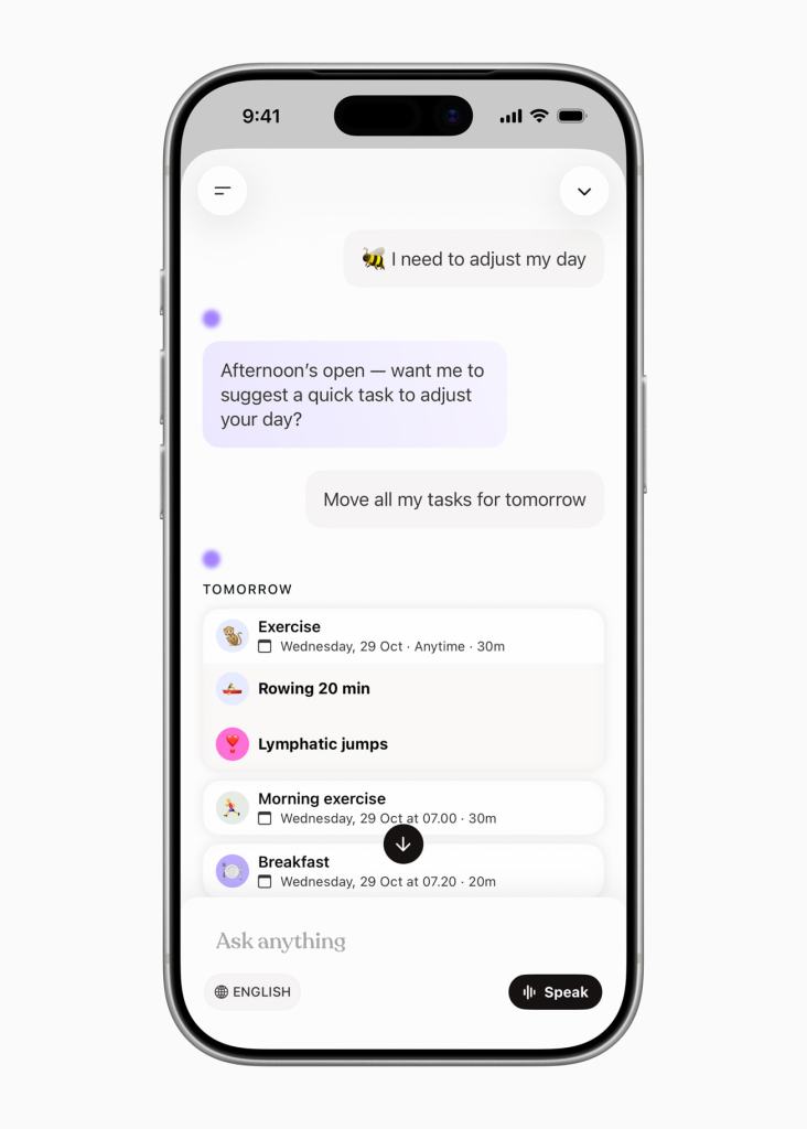 A screenshot of a mobile app interface showing a conversation about adjusting daily tasks, featuring a list of activities and options for managing schedules.