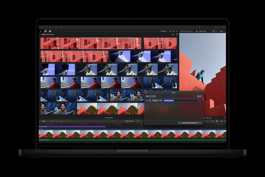 비디오 편집 소프트웨어의 화면을 보여주는 노트북 이미지로, 다양한 클립들이 나열되어 있고, 특정 필터가 적용된 인터페이스가 나타나 있다.