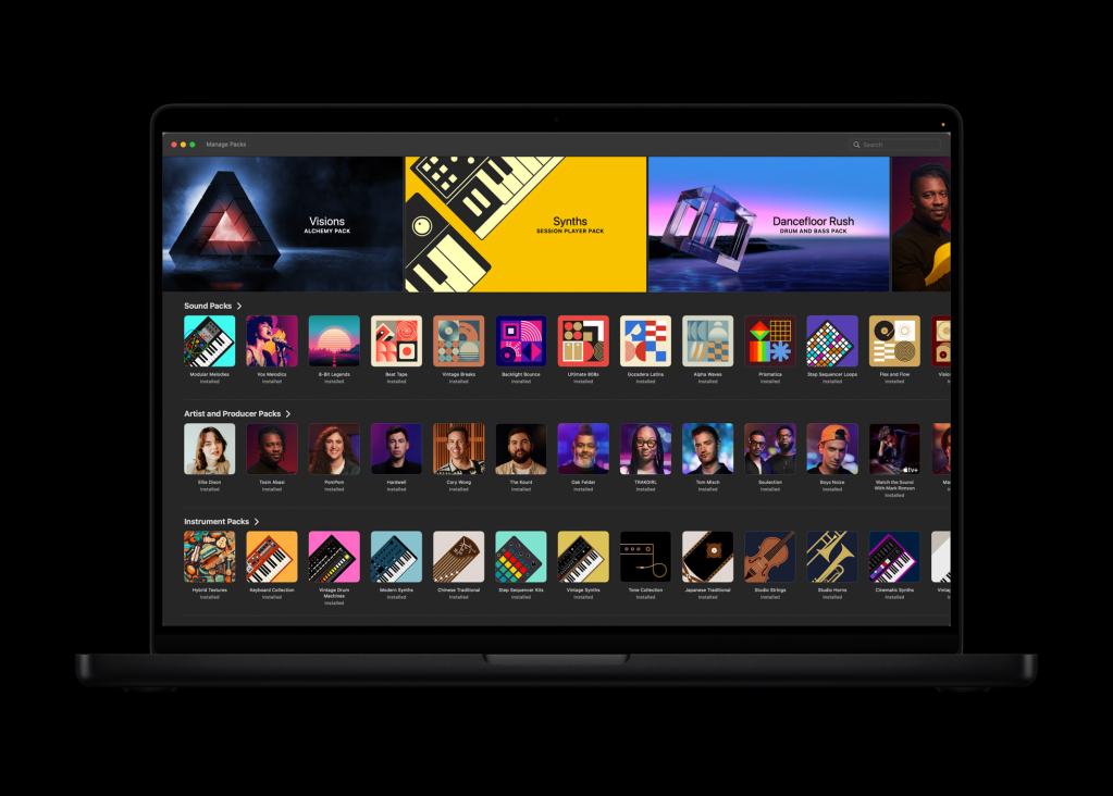 음악 소프트웨어의 패키지 관리 화면, 다양한 사운드 및 아티스트 팩과 인스트루먼트 이미지가 포함되어 있음.