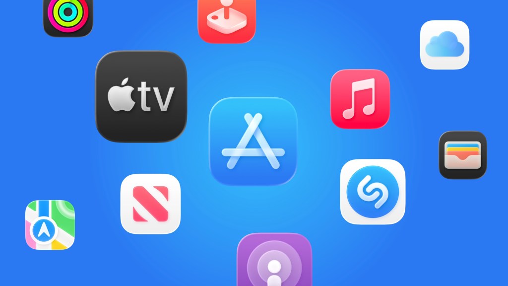 2025년, 기록적인 한 해를 보낸 Apple 서비스 2 파란 배경에 다양한 앱 아이콘이 흩어져 있는 이미지입니다. 중앙에는 '앱 스토어' 아이콘이 있으며, 주변에는 애플 TV, 음악, 클라우드, 내비게이션 등 다양한 앱 아이콘이 배치되어 있습니다.