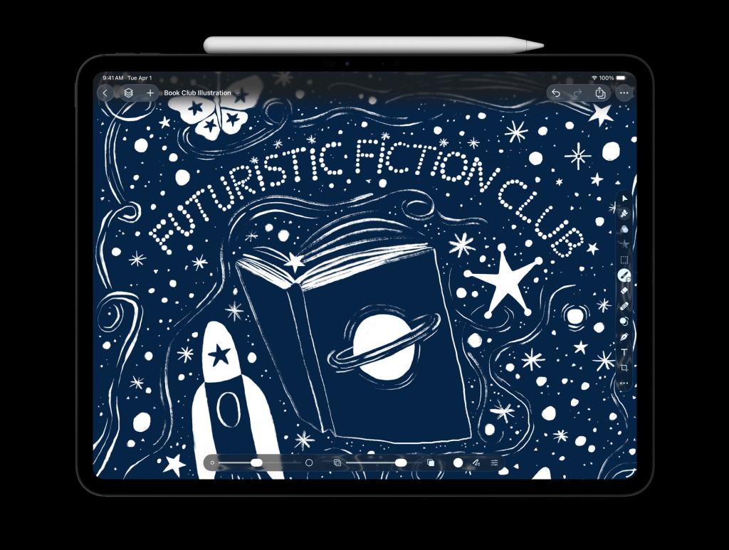 우주 테마의 그림과 함께 'FUTURISTIC FICTION CLUB'이라는 글자가 적힌 일러스트