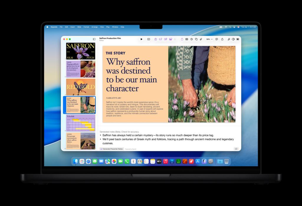 맥북 화면에 '사프란 생산 필름'이라는 제목과 사프란 관련 정보가 포함된 프레젠테이션 슬라이드가 보인다.