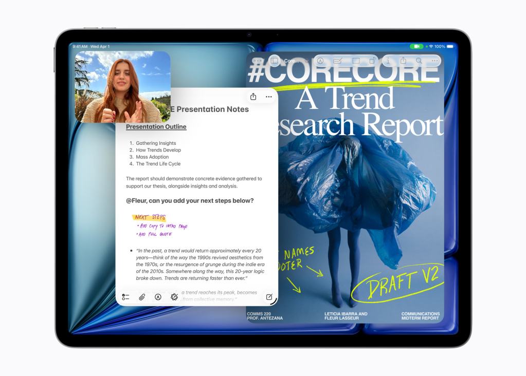 아이패드 화면에 프레젠테이션 노트와 자료가 표시되어 있으며, 한 여성의 얼굴이 작은 비디오 창에 나타나 있습니다.