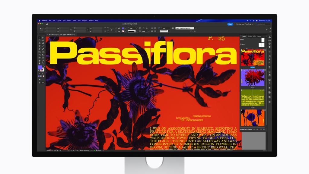 네온 색상 배경에 'Passiflora'라는 큰 글자가 있는 디자인 작업 화면. 화면에는 패션 플라워에 대한 글과 이미지가 포함되어 있음.