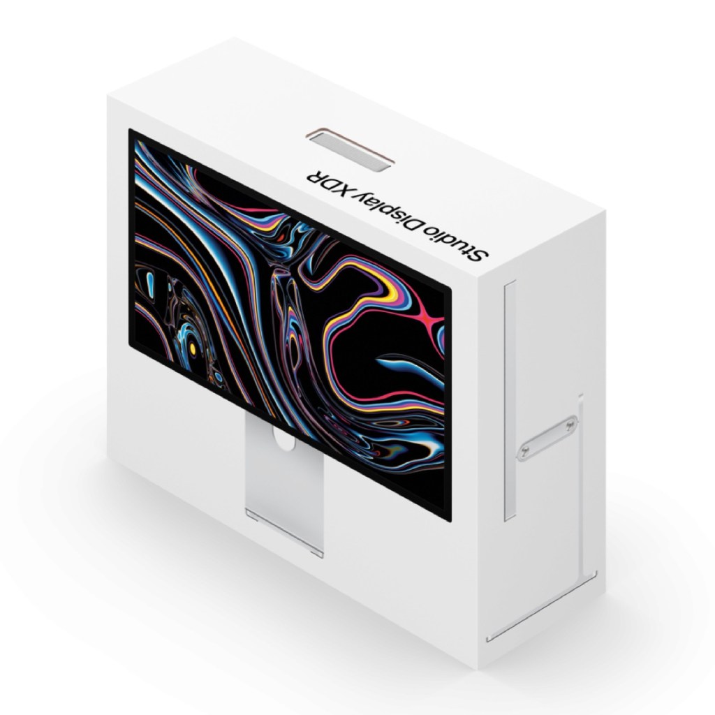 스튜디오 디스플레이 XDR 패키지가 보이는 이미지. 상단에는 핸들이 있는 흰색 상자와 화면 앞면에는 다채로운 패턴이 있는 디스플레이가 지지되고 있다.