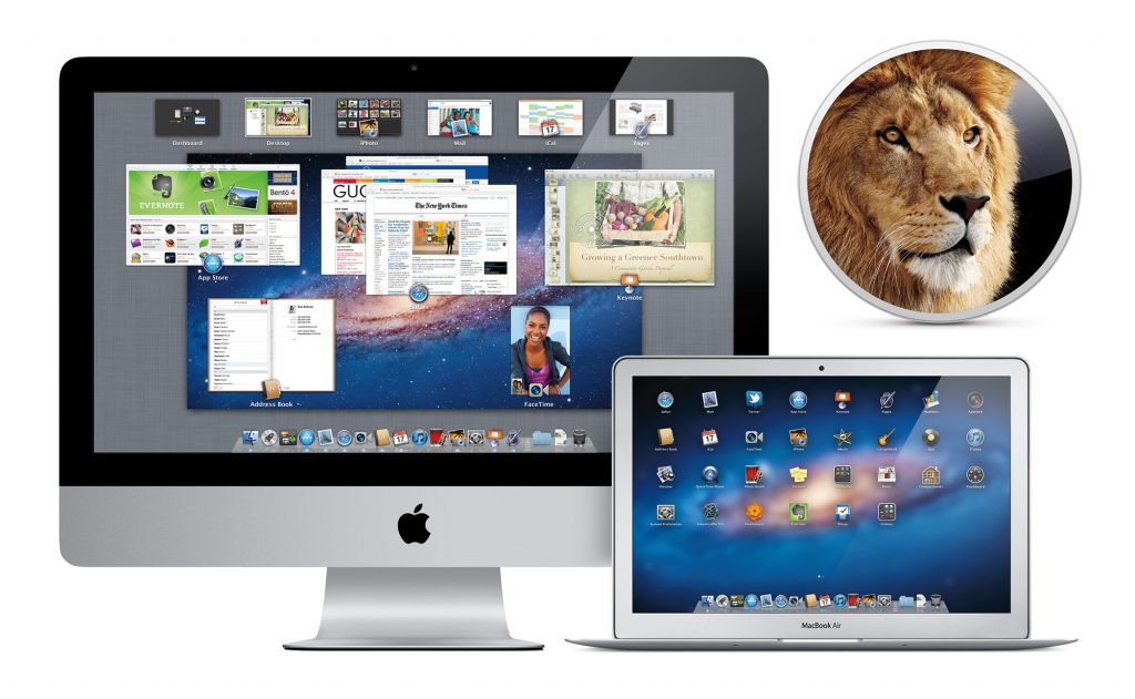 OS X Lion의 Mission Control과 Launchpad가 표시된 Mac 화면