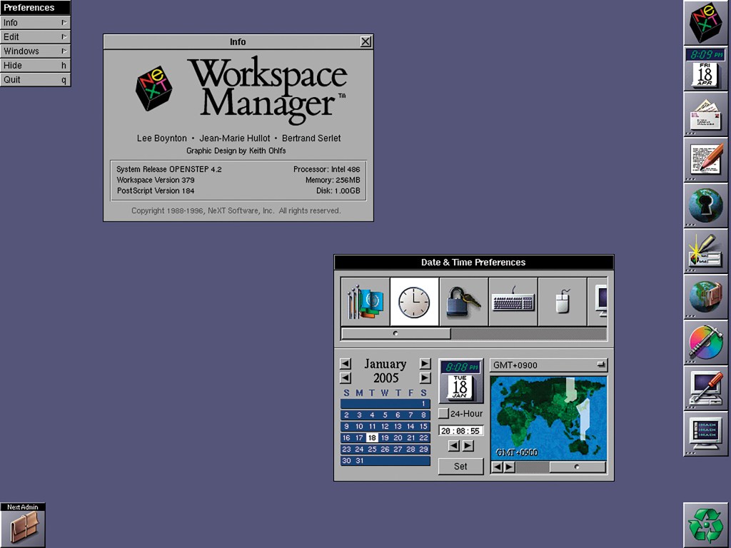 NeXT Workspace Manager 인터페이스 화면으로, 상단에는 시스템 정보 및 하단에는 날짜와 시간 설정이 있는 디자인.