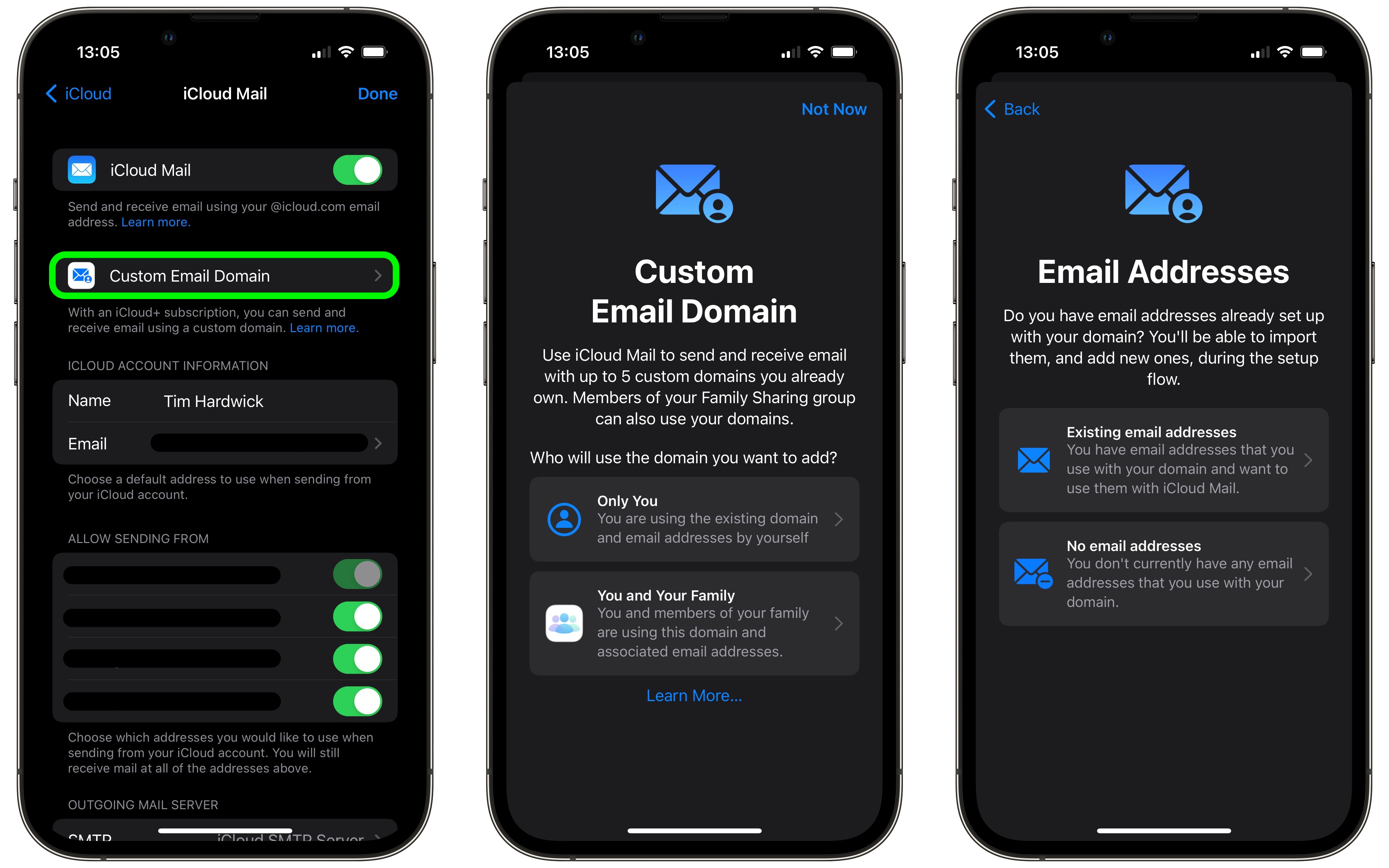 iCloud 사용자 설정 도메인의 사용자 선택 화면
