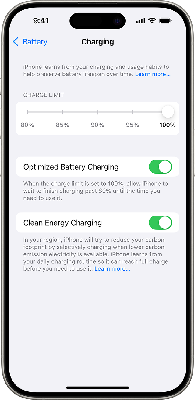 iPhone 충전 한도 설정 화면