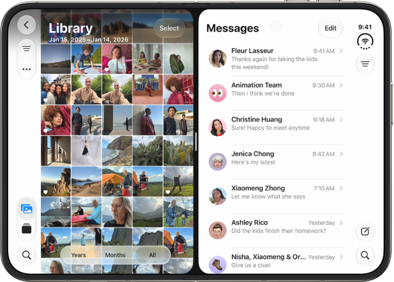 iPhone Duo에서 사진과 메시지를 나란히 연 Split View 화면
