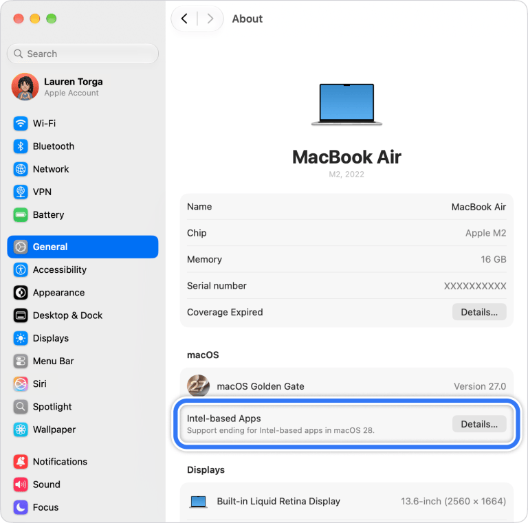 macOS 27 시스템 설정의 Intel 기반 앱 확인 항목
