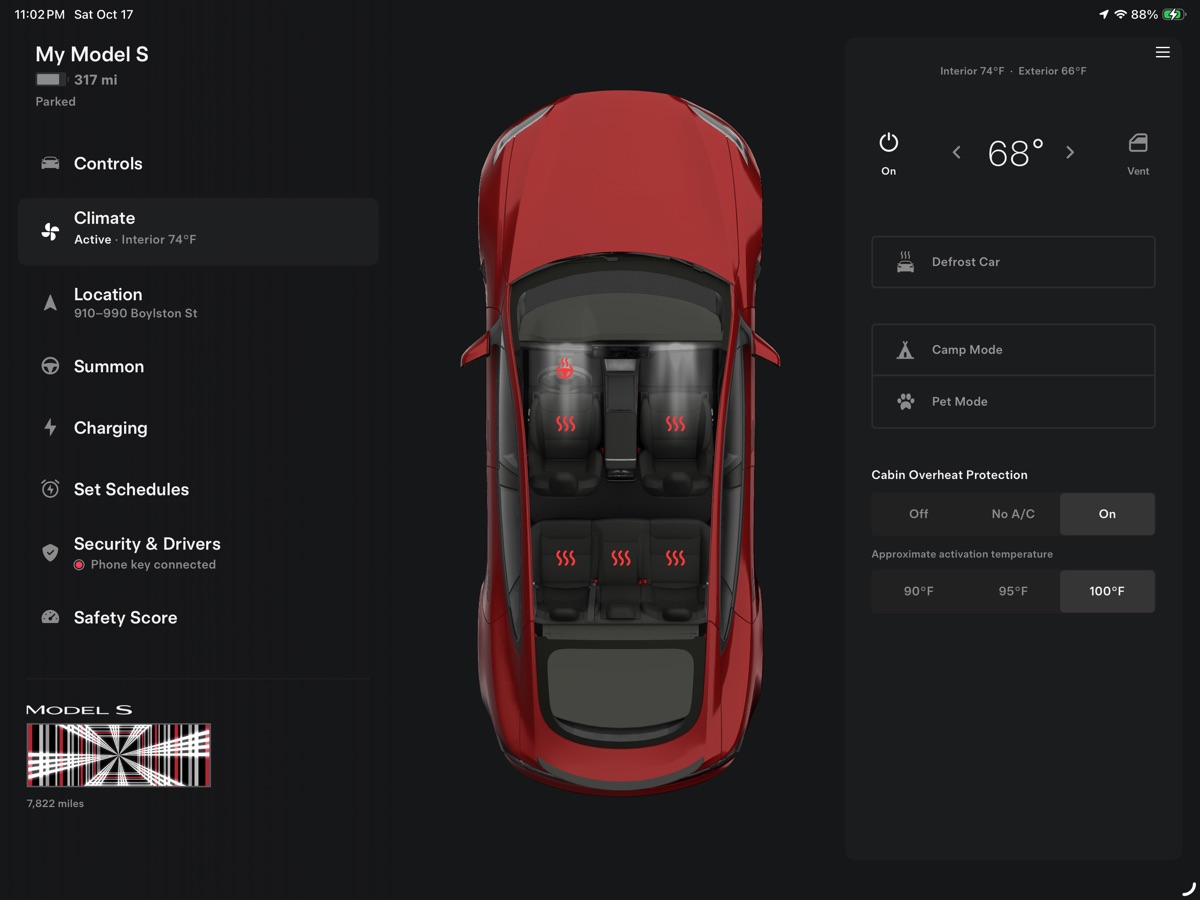 iPad Tesla 앱의 실내 온도 조절 화면